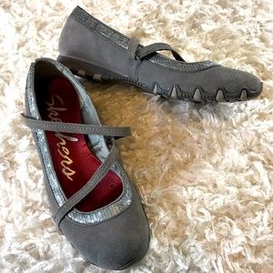 SKETCHERS- SUEDE MARY JANE FLATS W/ SEQUINED DETAIL